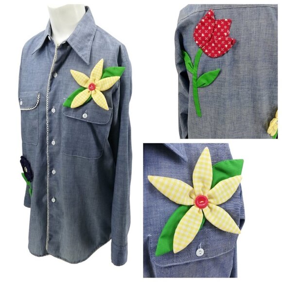 Vintage Applique Flower Chambray Button Front Shirt Size Mens Small Womens M/L - Picture 1 of 15